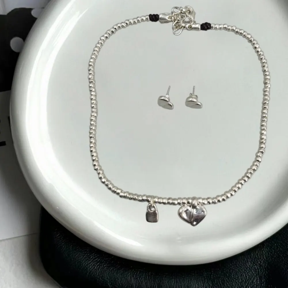 2026 Spring Versatile Fashion Silver Heart Earrings Necklace Jewelry Two Piece Surprise Gift Set