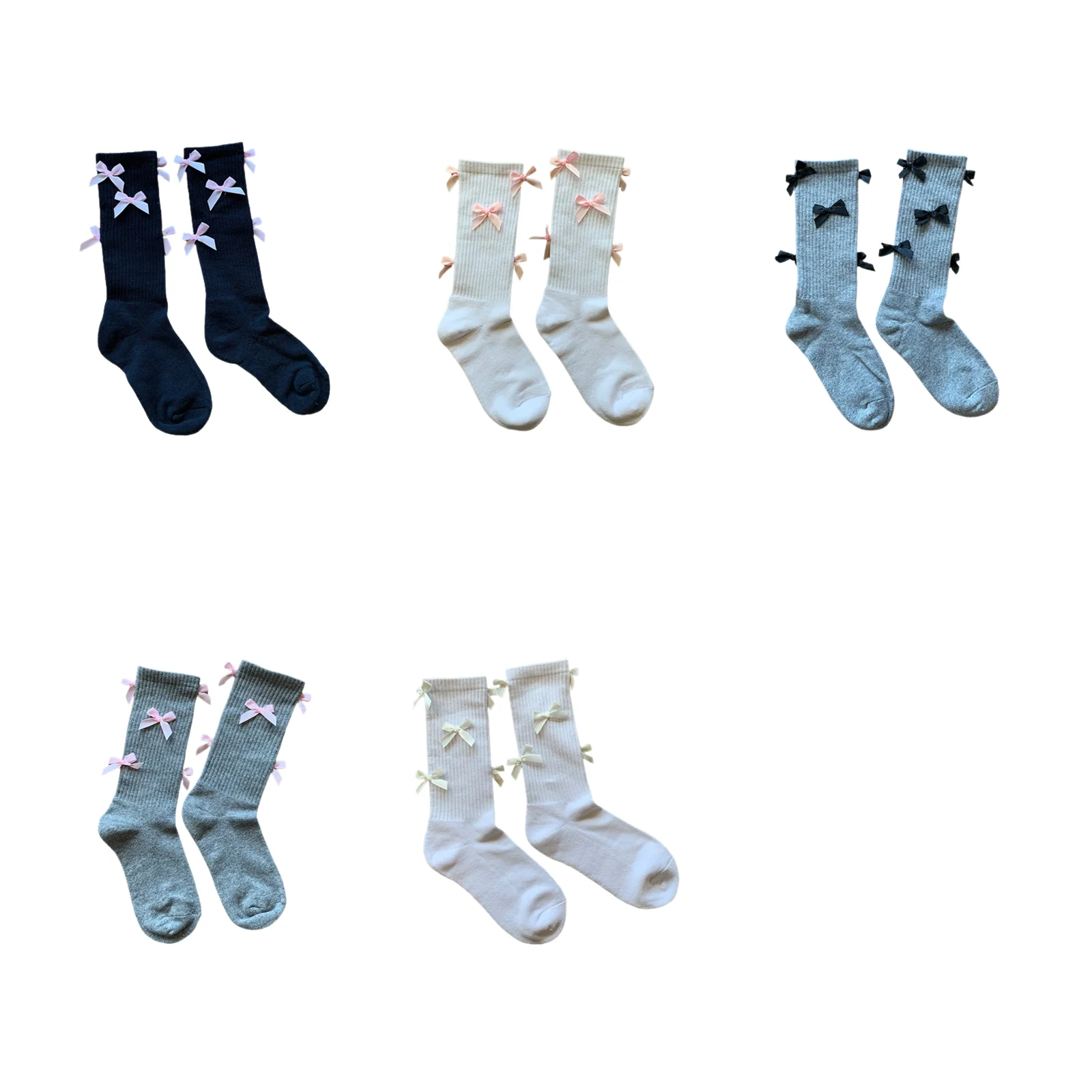 

Bow tie vertical pattern micro-pressure calf socks set (black/white/grey, pink/black/white butterfly) 5 pairs
