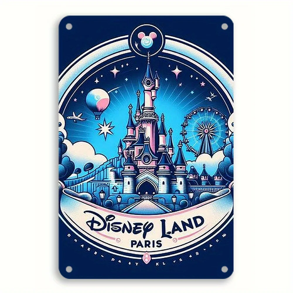 Letrero de pared de metal con logotipo de Paris Disneyland, plano, 2D, 1 pieza, Mickey Mouse, Pato Donald, Castillo icónico con Torre Eiffel y noria