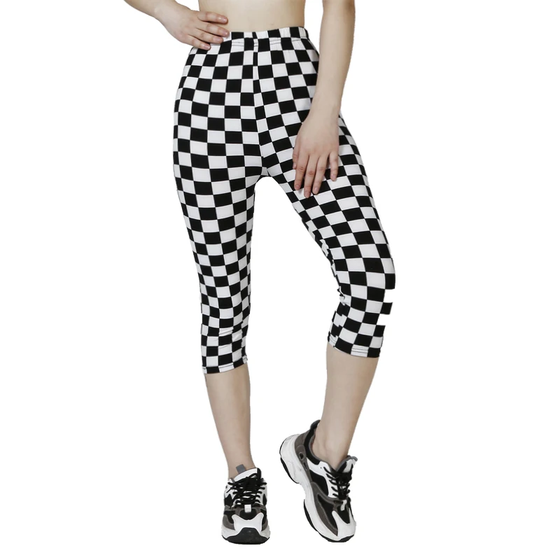 QR82 Black and White Checkered WOMEN\'S Pants, Cropped Pants, Elastic Waist Leggings, Soft Summer Leggings