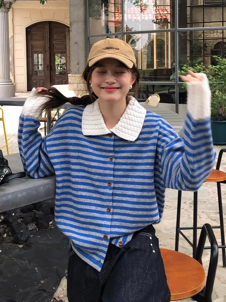 

Loose Fit Striped Ne Long Sve Knitted Sweater Women's Spring Autumn Casual Sle Faion Outerwear Top