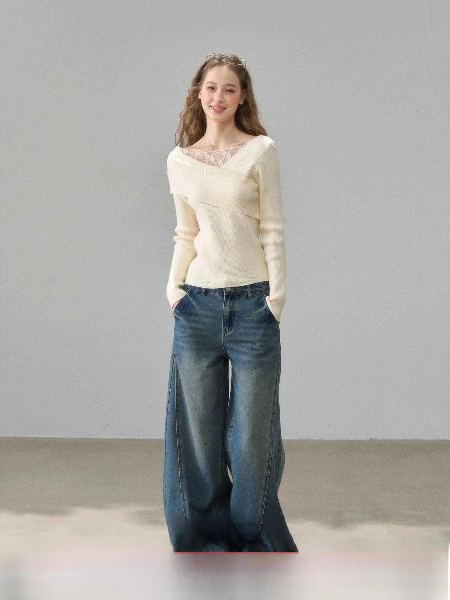 

Korean Sle Lace Splice Design Knitted Top Women's Faion Autumn Winter New Sle Small Wildberry Berrylace Patchwork