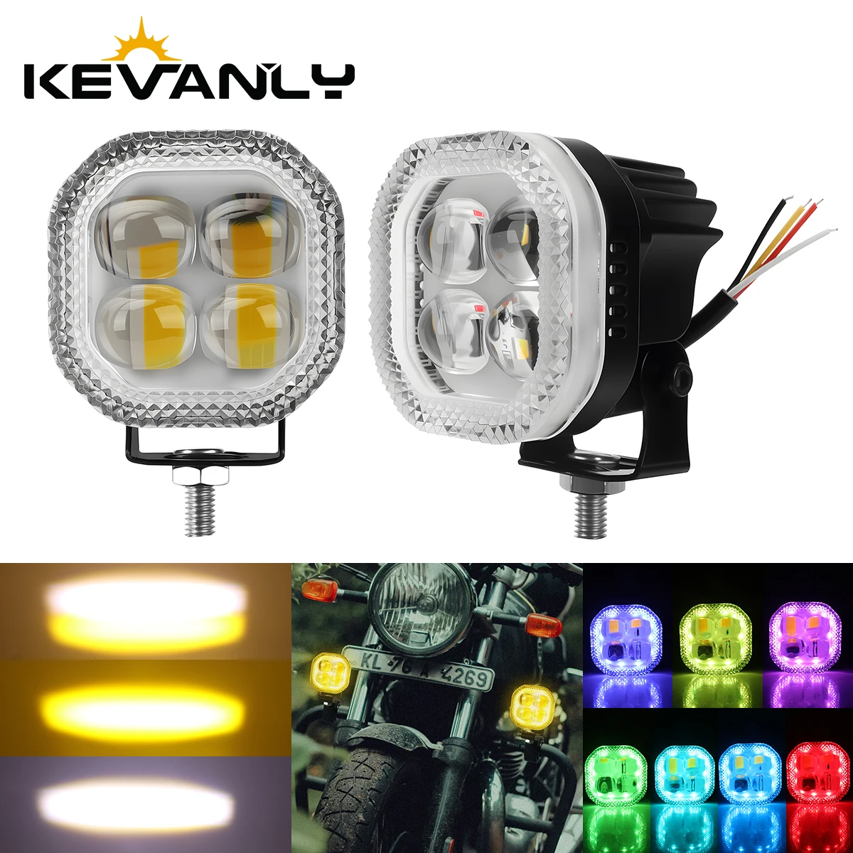 1/2PCS 4lens LED Spotlight RGB Aperture Auxiliary Headlight For Motorcycle White Yellow Flash Hi/Low Beam External Signal Lights