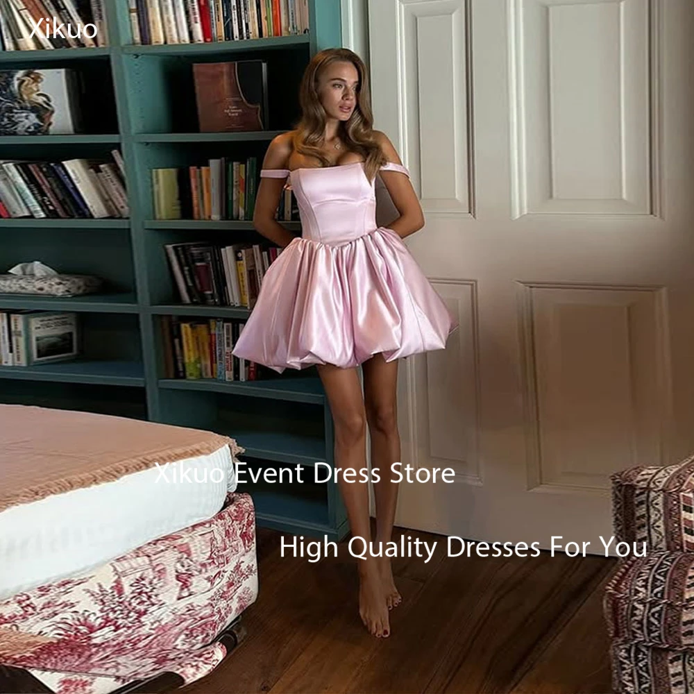 

Xikuo Elegant Pink Satin Prom Dress Spaghetti Strap Bespoke Occasion Evening Gowns Short Pleated Evening Dresses Customized