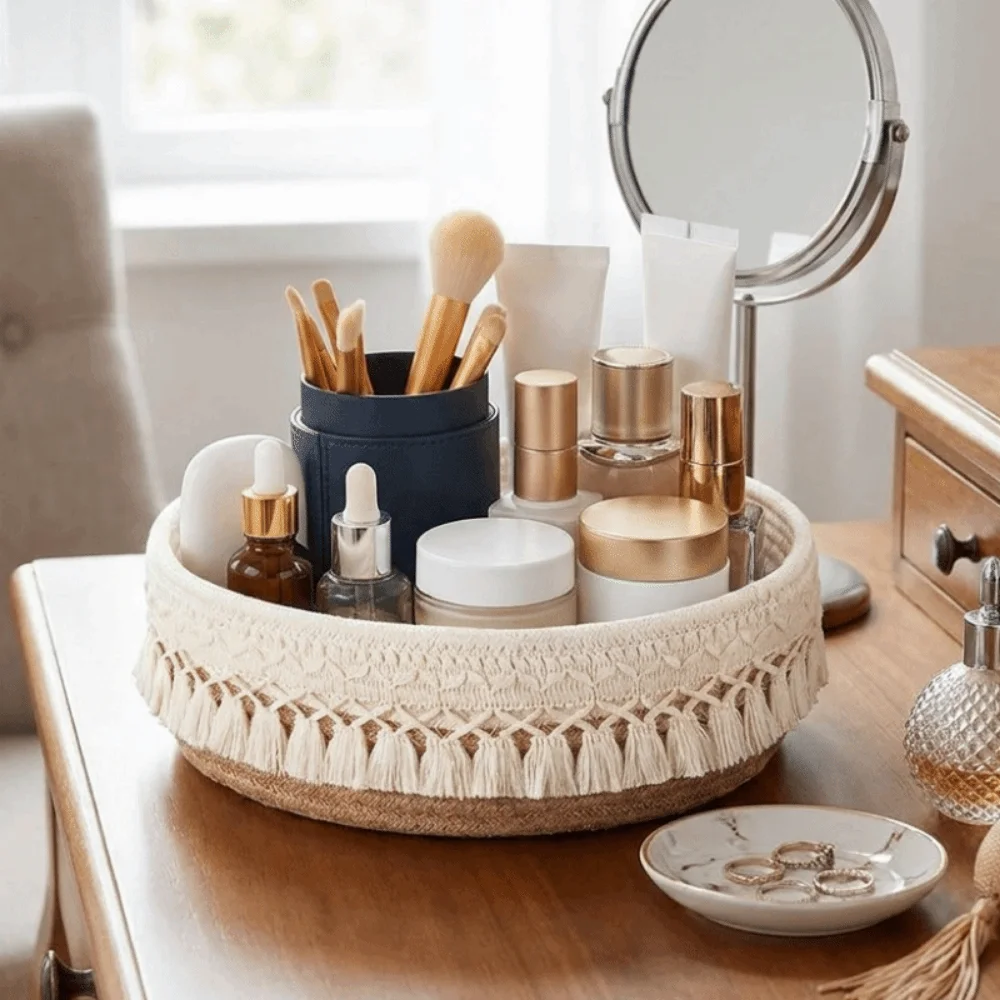 

Cotton Rope Woven Storage Basket Large Capacity Save Space Sundries Organizer with Tassel Bohemian Style Cosmetic Storage Basket