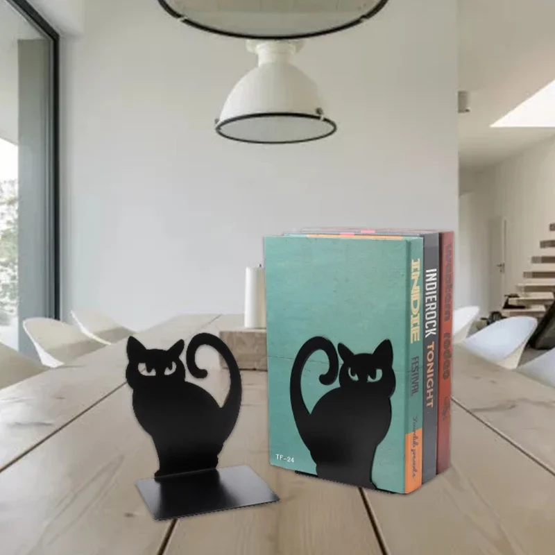 

1 Pair Black Cute Cat Metal Bookends Hollow-out Persian Kitten Book Stands Lightweight Durable Non-Slip Book Holders