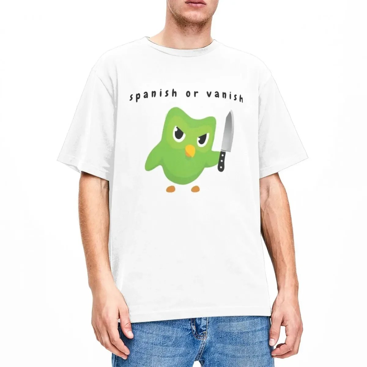 Funny Duolingo Owl Spanish Or Vanish T-Shirt Men Women's Crewneck Pure Cotton Short Sleeve Tees 6XL Tops