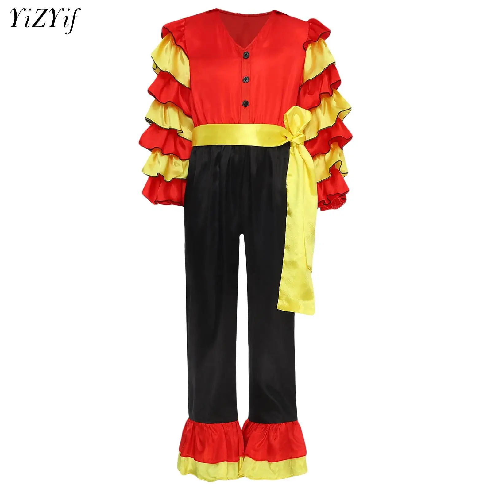 Kids Boys Girls Tiered Ruffle Jazz Dance Bodysuit High Waist Flared Jumpsuit Retro Ballroom Dance Wear Stage Performance Costume