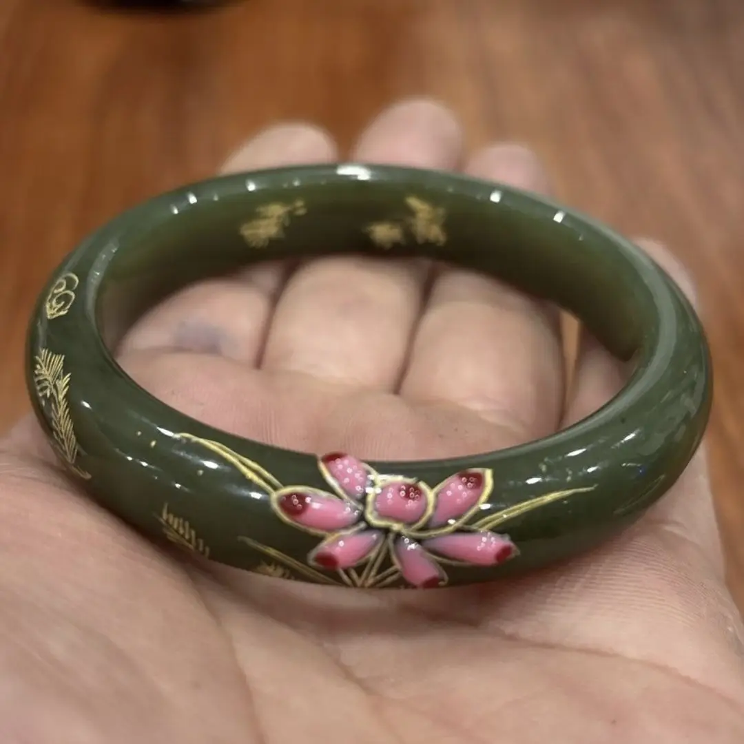

Hetian jade bracelet flange color engraved authentic jasper gold-painted