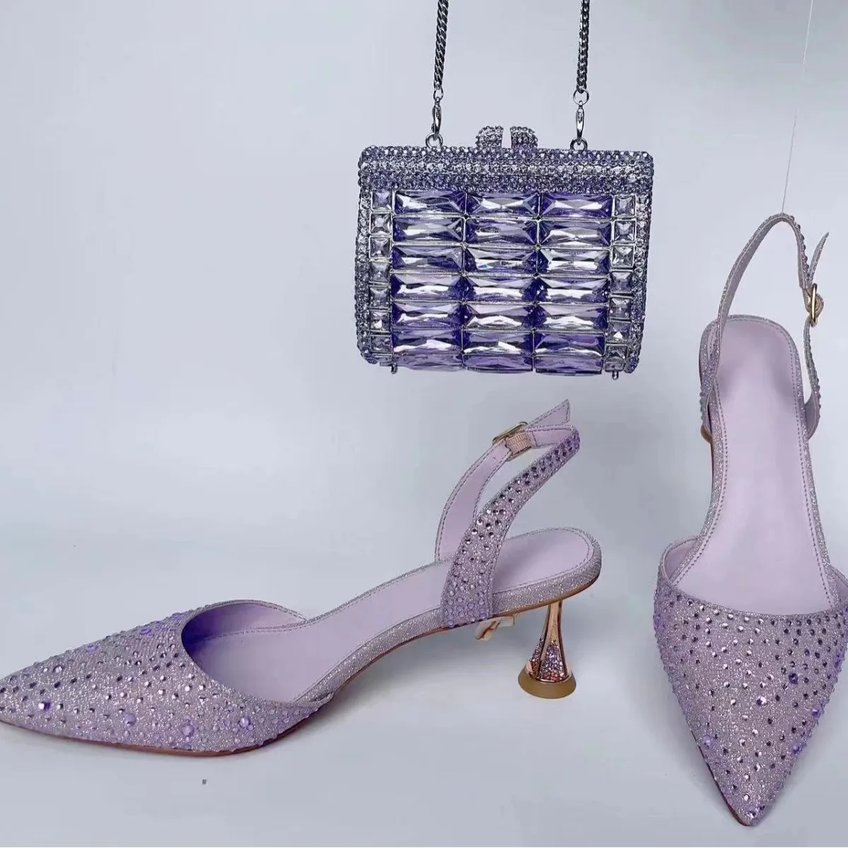 2026 Lilac Square Amethyst Chain Clutch Bag Gradient Rhinestone Slingback Heels Women Runway Evening Party Wedding Matching Set view 2