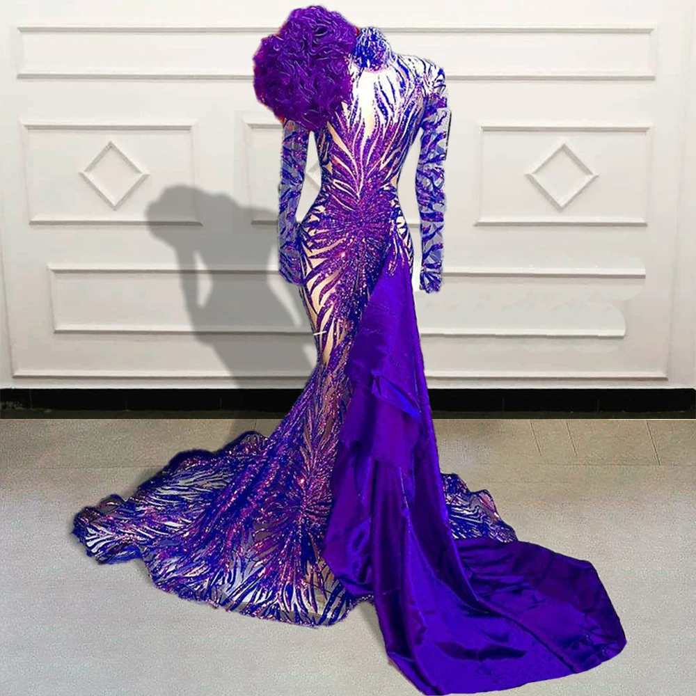 Sparkly Sequin Mermaid Long Prom Dress for Graduation Party 2023 Luxury Purple High Neck Full Sleeves Women Formal Evening Gowns