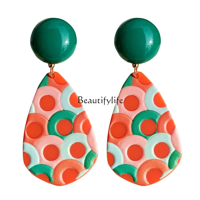 Circle Contrast Color Hong Kong Style Retro Art Earrings for Women, Three-Dimensional, Orange, Green