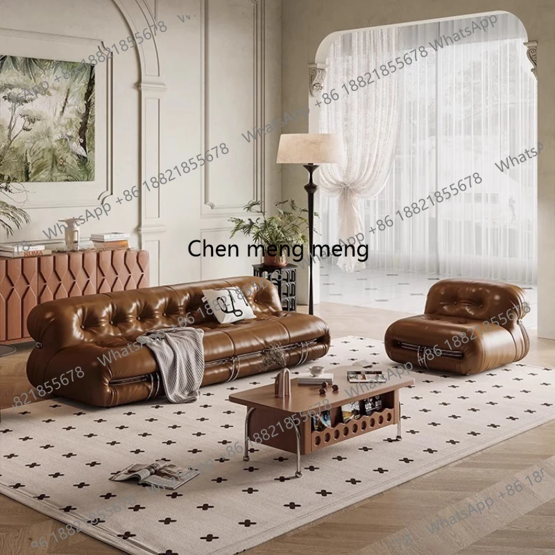 

French Retro Leather Sofa High Quality Adult Living Room Straight Row Sofas Designer Gaming Unusual Sillon Cama