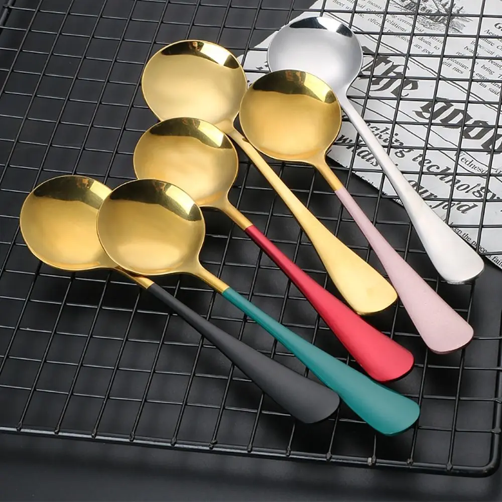 1Pcs Round Stainless Steel Soup Spoons Dishwasher 17cm Stirring Spoon Coffee Tableware Kitchen Tool for Dessert Coffee