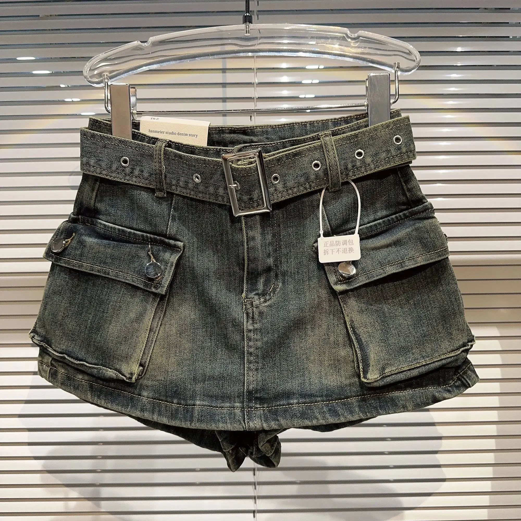 Short en jean baggy pour femme, short en jean avec ceinture, grandes poches, short de sport prepop, short de motard, streetwear, fille sexy, Y2K, Harajuku