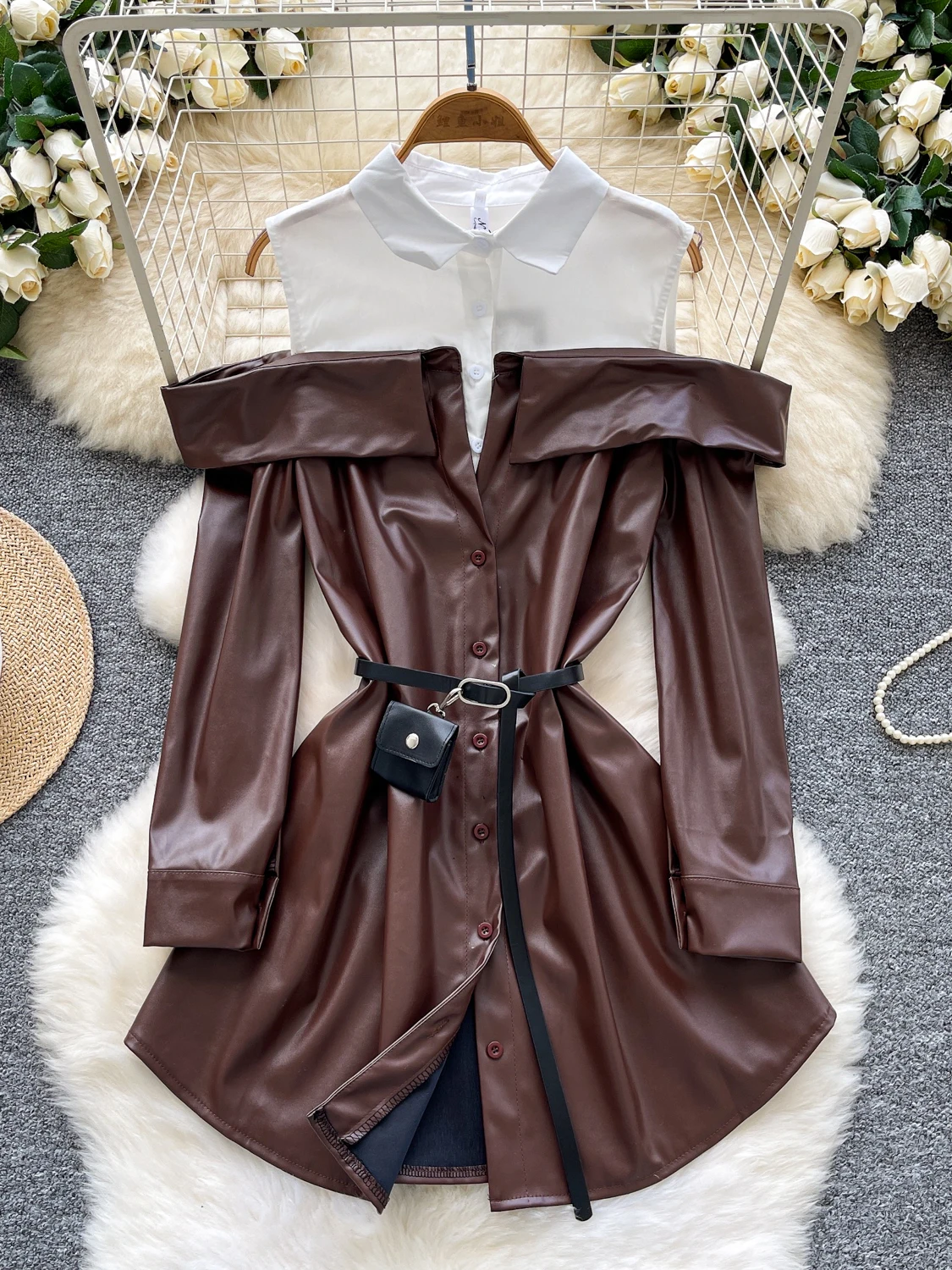 Długa spódnica damska z PU skóry, z wysokim stanem, w kształcie litery A, elegancka, do pracy, w stylu koreańskim, z paskiem, kopertowa.