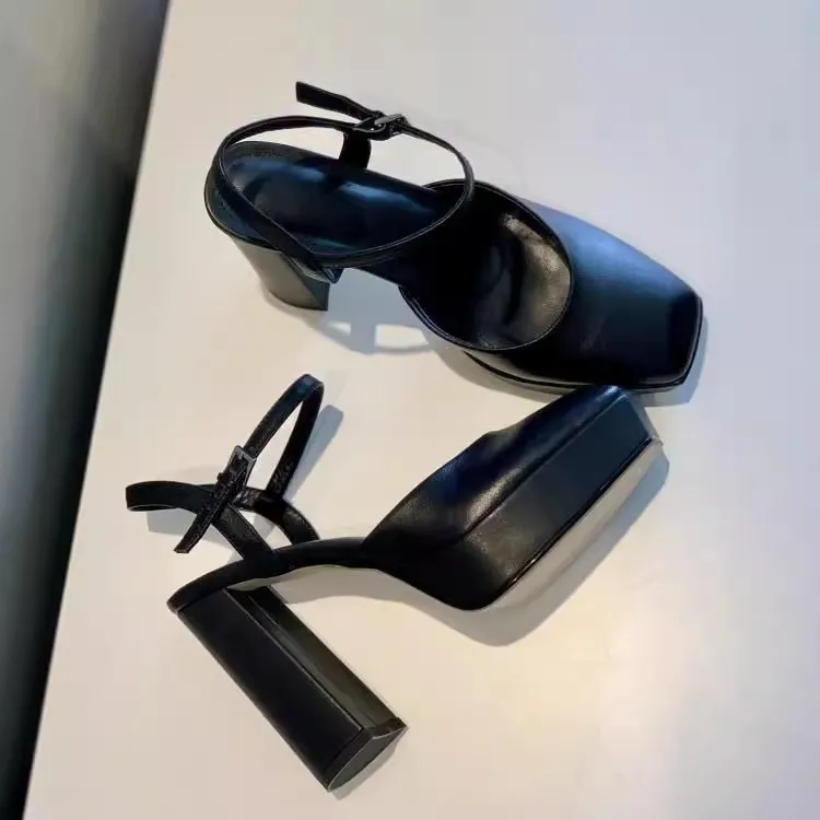 

Concise Style Black Genuine Leather Platfform Square Toe Sandals Chunky High Heels Ankle Strap Outfit Banquet Woman Pumps