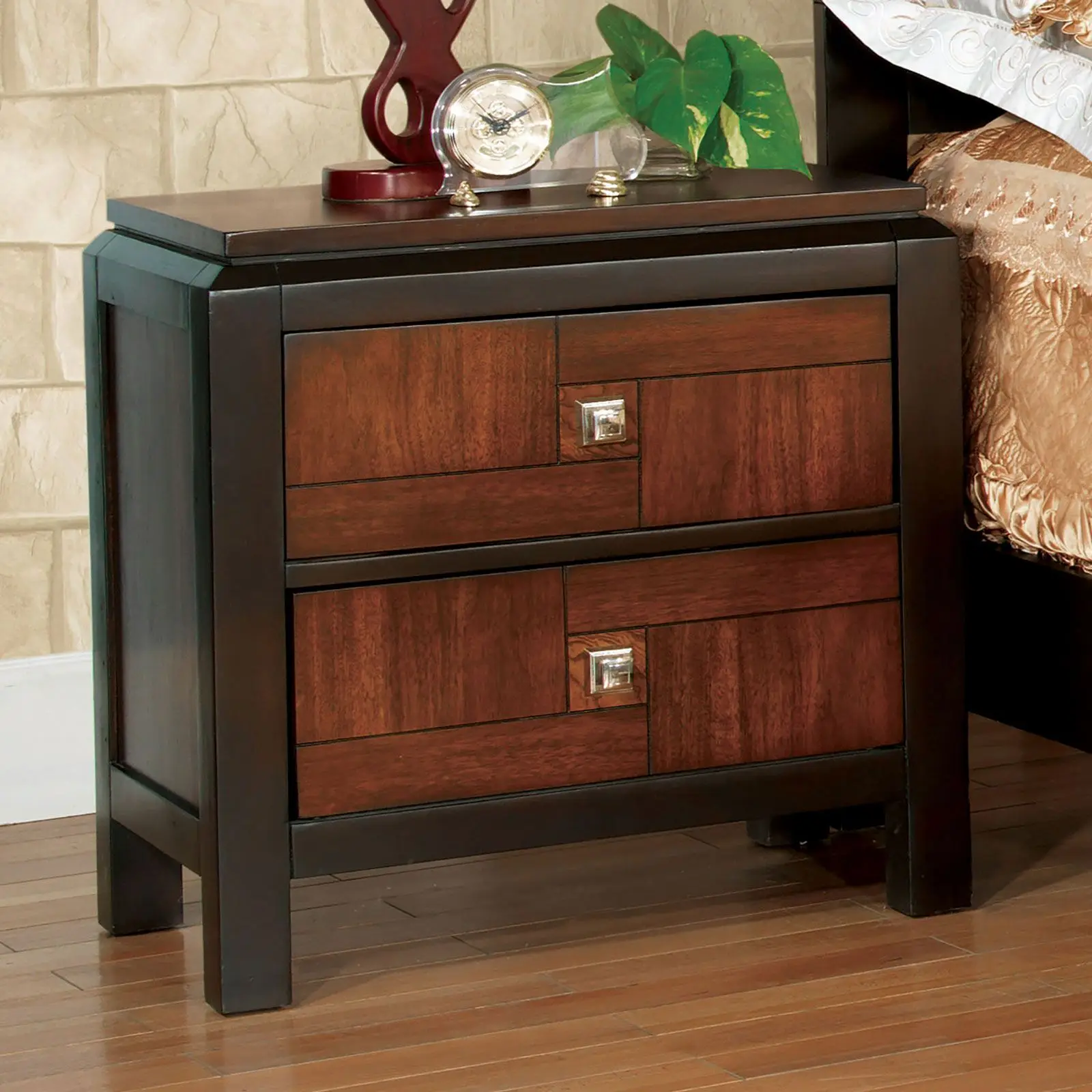 Acacia Walnut 2-Drawers Transitional Solid Wood Nightstand Square Chrome Knobs Multitone Unique 1pc Nightstand