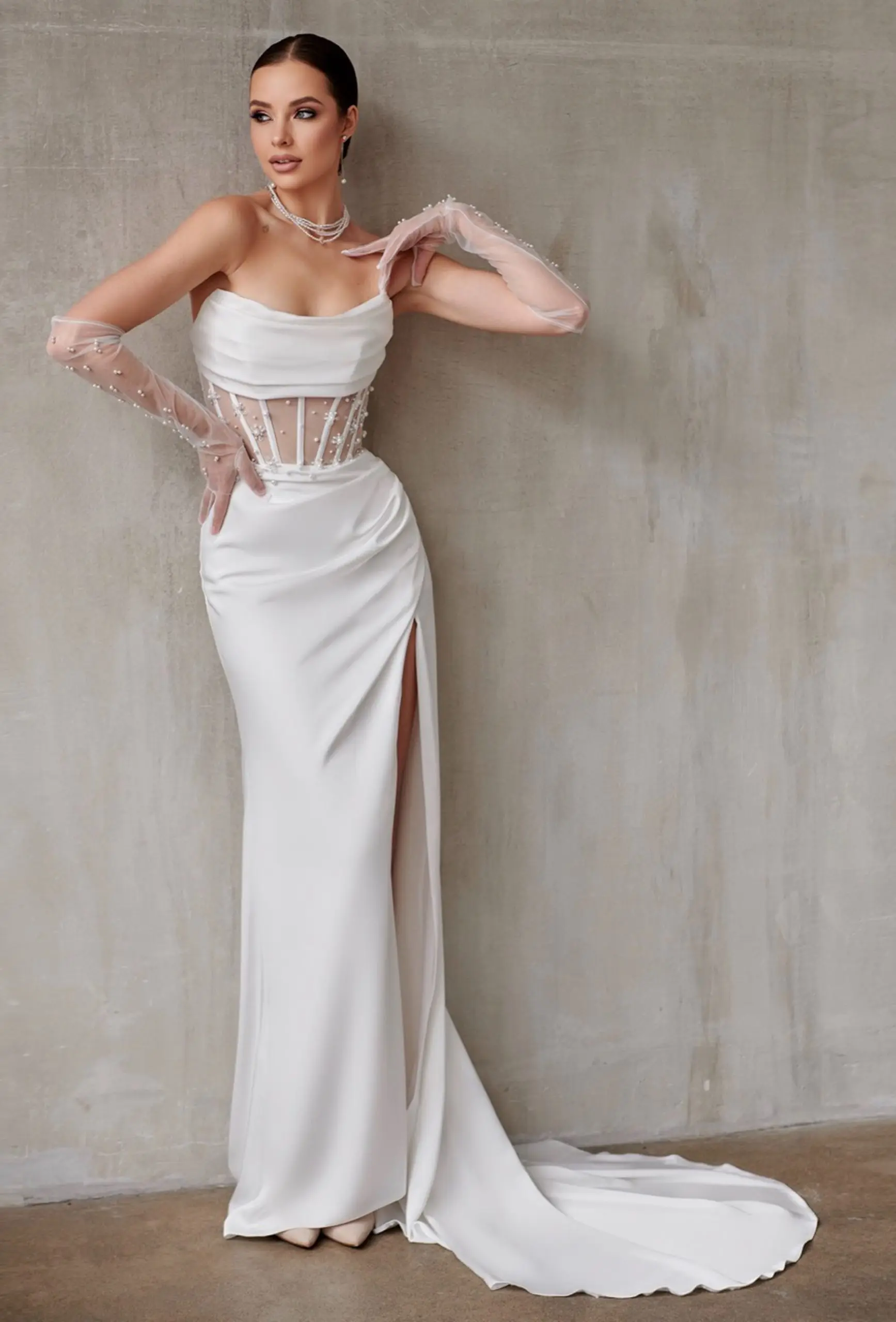 custom Elegan White/Black Bride Corset Evening Party Dress with Sexy Leg Split  Long Train  Off-shoulder Wedding Gown