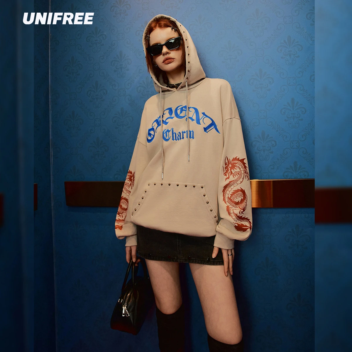 

UNIFREE Chinoiserie 100% Cotton Hoodies Women Streetwear Loose Sport Pullover Fashion Original Design Letter Print Sweatshirts