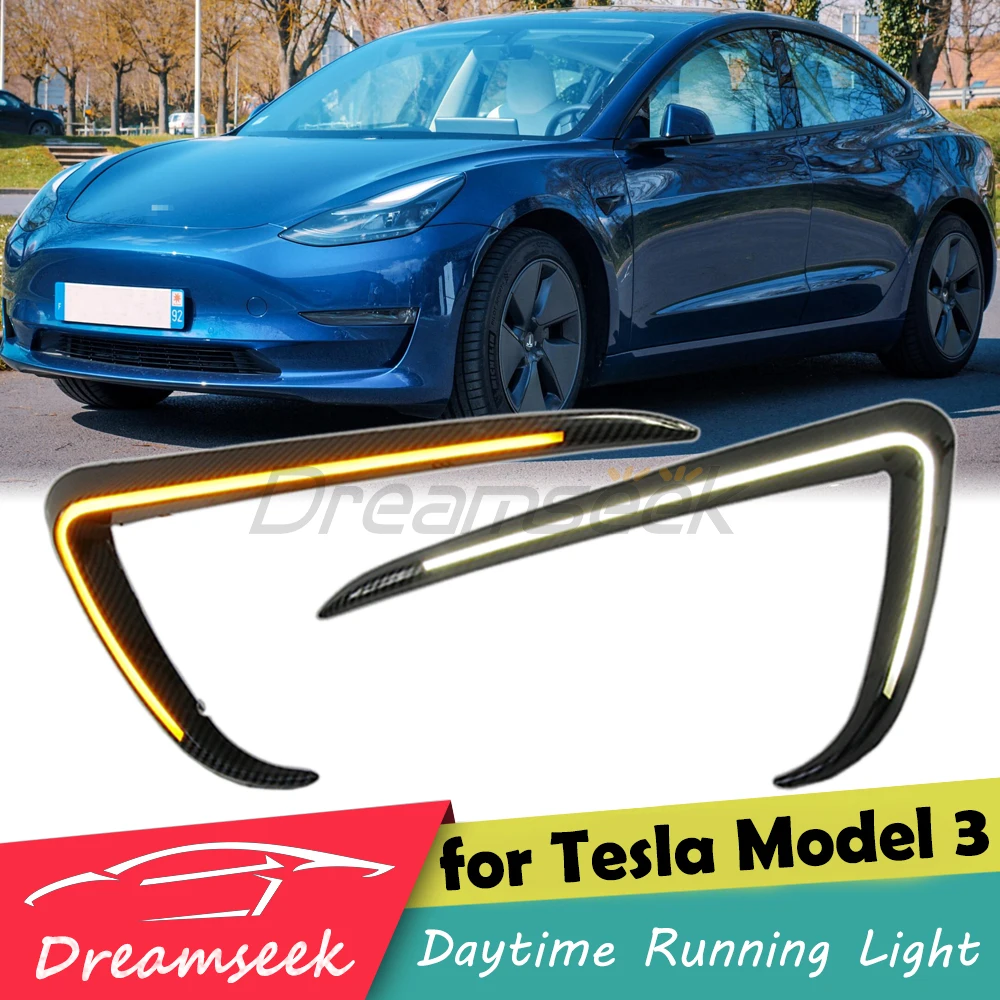 LED Daytime Running Light DRL for Tesla Model 3 2017+ with Turn Signal Fog Lamp Eyebrow Bumper Headlight Foglight Carbon Style