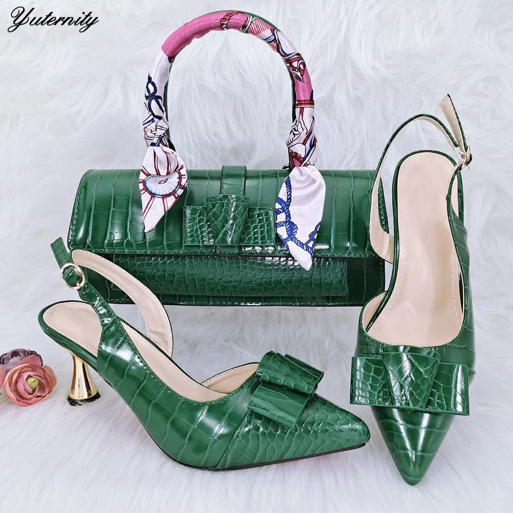 

African Design Women Green Color High Heels Shoes And Handbag Set Summer Ladies Pumps Shoes And Bag Set For Evening Party