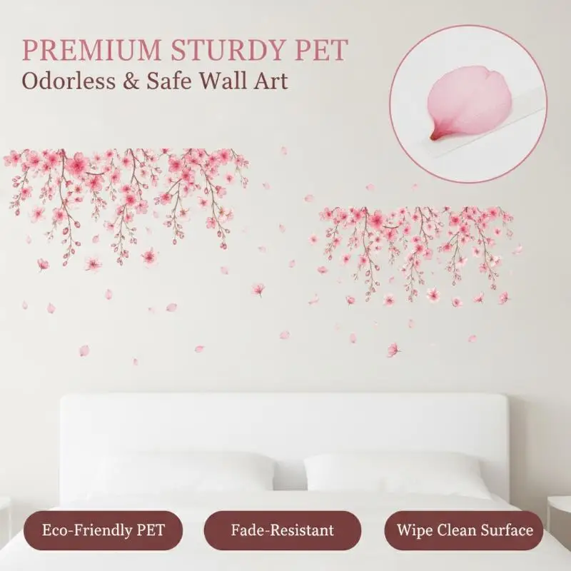 Pink Cherry Blossom Wall Stickers Self Adhesive Waterproof Perfect For Living Room Bedroom Home Decor