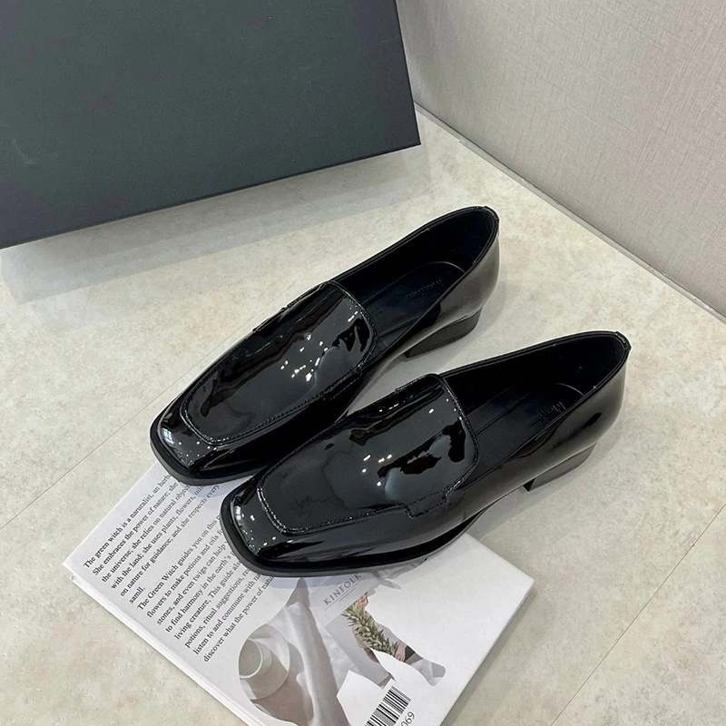 2024 New Women Spring Fashion Square Head Glossy Leather Shoes Solid England Style Low Heel Commute Shoes Female Chic