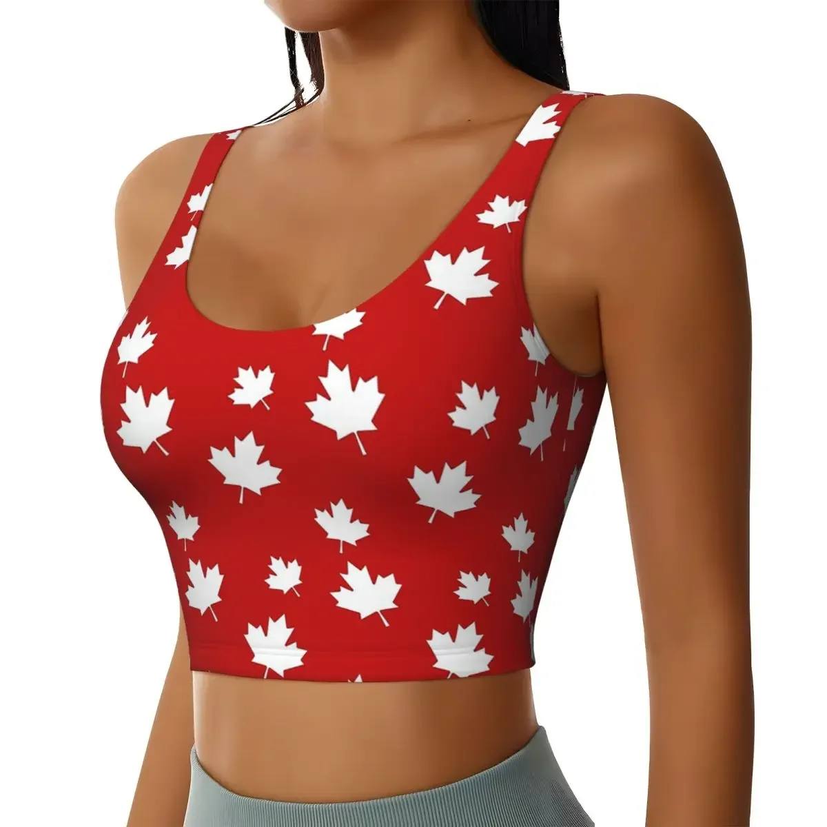 Custom Canada Maple Leaf Flag Pattern Red White Canada Flag Women Sports Bra High Impact Vest Gym Workout Yoga Crop Tank Top