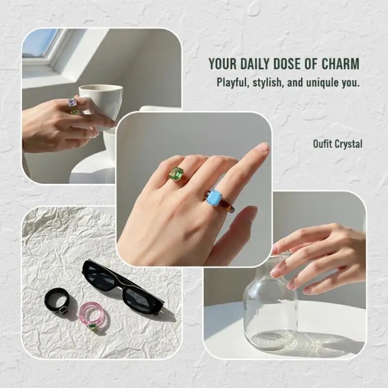 Colorful zircon resin ring, fashionable and simple inlaid, ladies' sweet and lovely birthday party commemorative jewelry gift