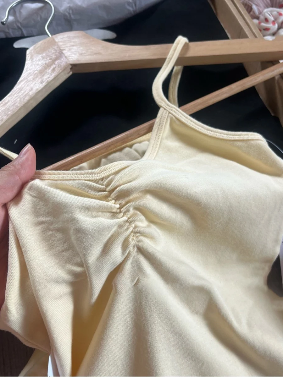 Botergeel Tankbroek 2-delige set Dames Plooien V-hals Slanke crop top met trekkoord Rechte joggingbroek Leuke katoenen thuissets