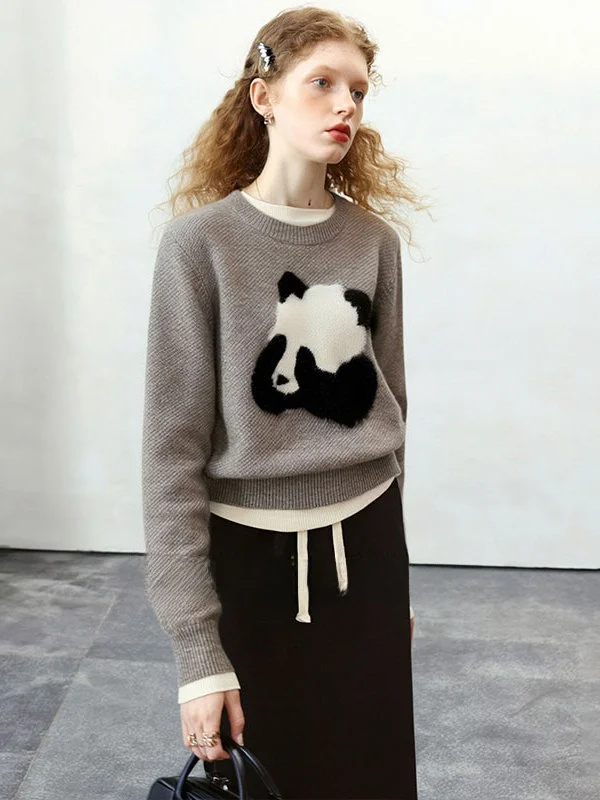 

Мягкий уютный свитер с круглым вырезом и принтом панды, повседневный свободный крой, женский трикотаж, весна 2026, модный облегающий пуловер для отдыха