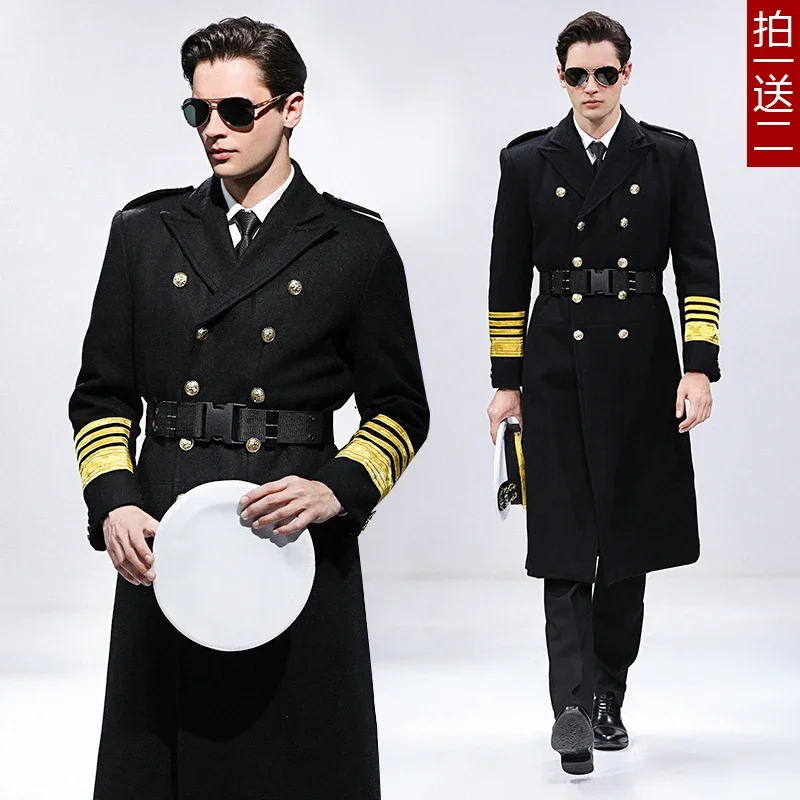 Pilot Uniform Captain Woolen Coat Thickened Plus Cotton Long Aviation Blends Security Concierge Seaman Flight Attendant Topcoat