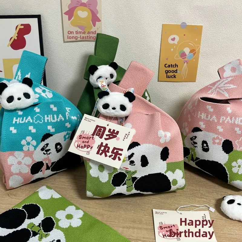 Chinese Style Knitted Handbag Baby First Birthday Party Favour Bag Panda Themed Woven Strap Bag Soft Fabric Unisex Gift Bag