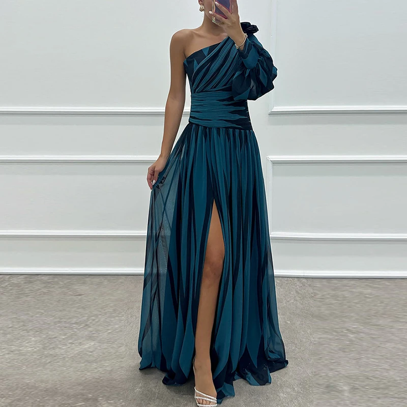 Elegante ein Schulter ärmel Plissee Kleider neue Herbst asymmetrische hohle Abendkleid Mode Streifen gedruckt Chiffon langes Kleid