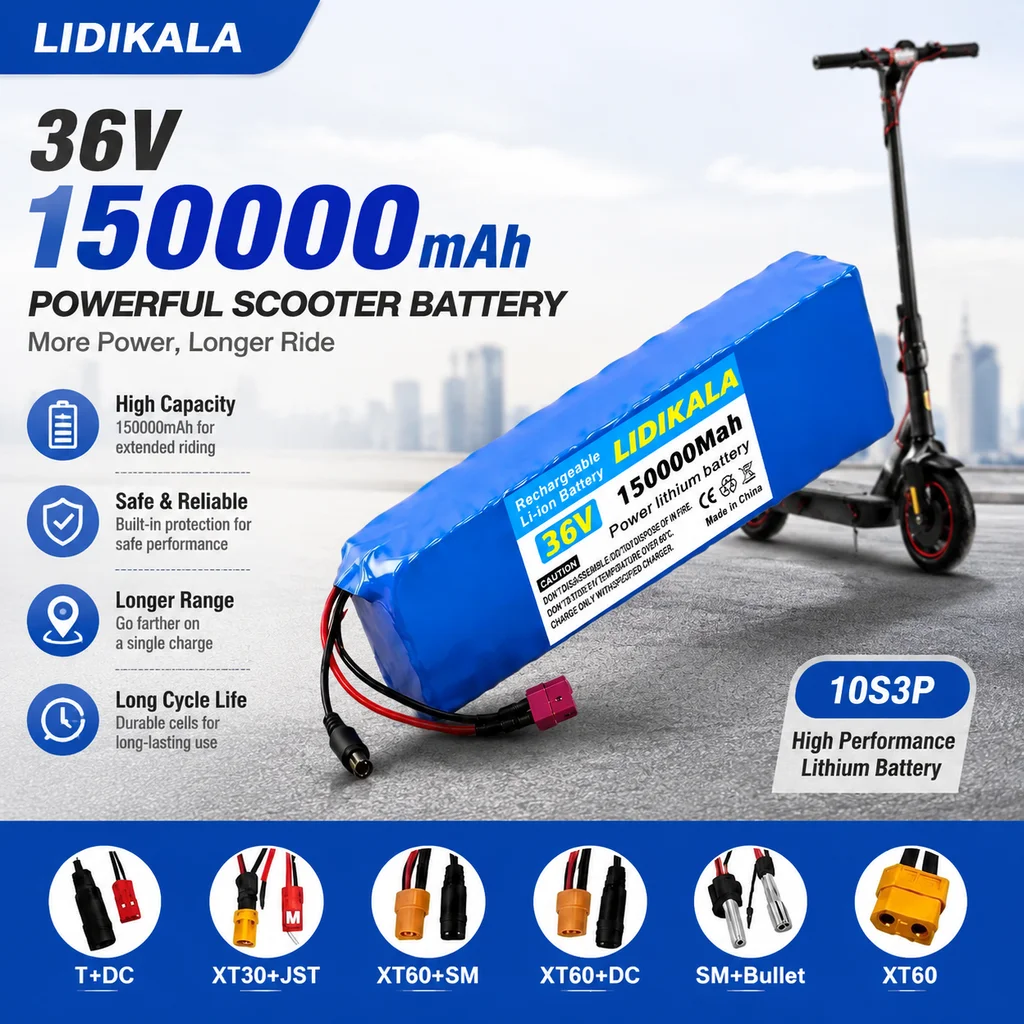 36V 150000mAh Lithium-Ionen-Akku, 10S3P wiederaufladbarer E-Bike-Akku mit BMS-Schutz, mehrere Anschlussmöglichkeiten für E-Scooter und E-Bike