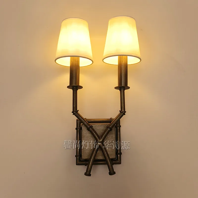 American Antique Iron Wall Lamps Bamboo Double Head Linen Lampshade Retro Sconces Living Room Restaurant Bedroom Bedside Lights