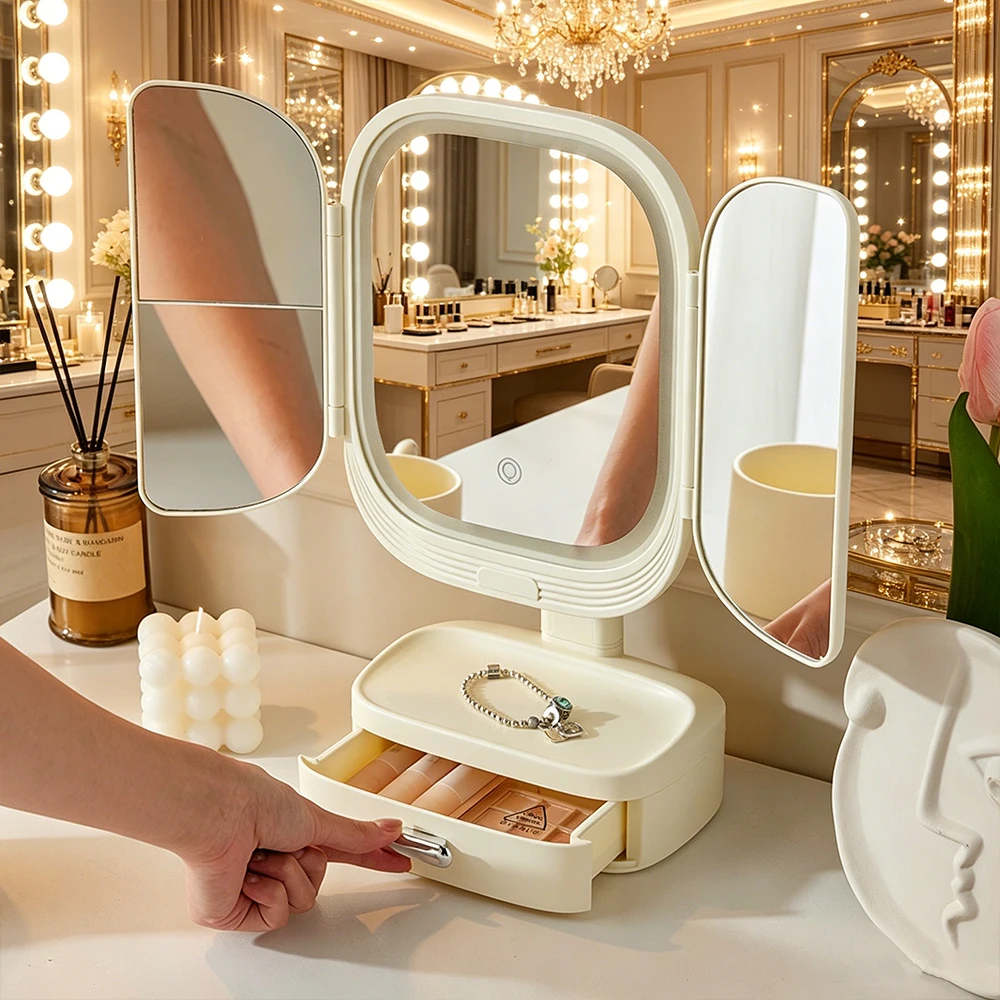Lighted Tri-Fold Vanity Mirror with Storage Compartment LED Makeup Mirror Touch Screen Control Adjustable Brightness Magnifying