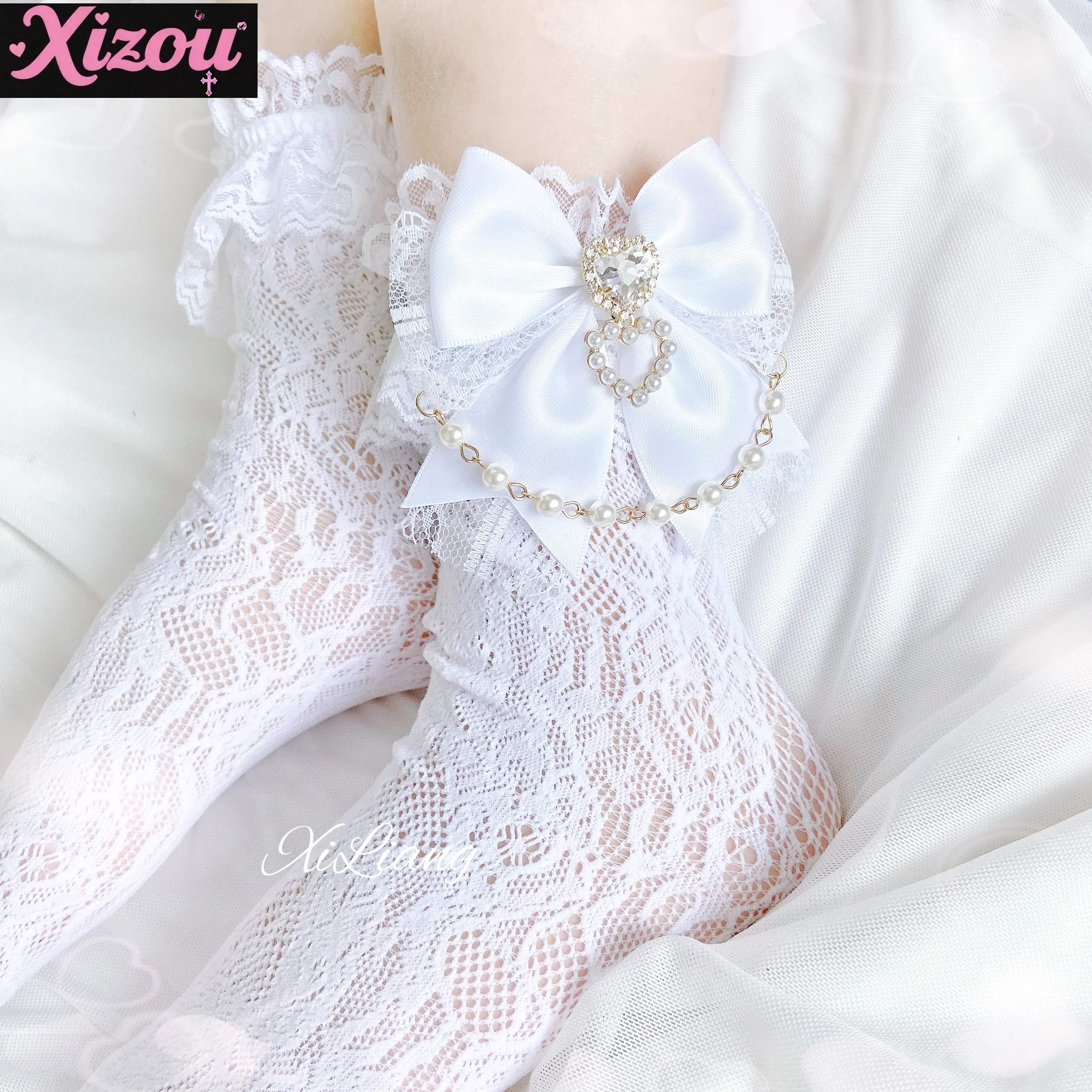 Kawaii Japanese Style Cute White Socks Girls Sweet Lolita Bow Pearl Heart Lace Socks for Women Spring Summer Mine Mid-Calf Socks