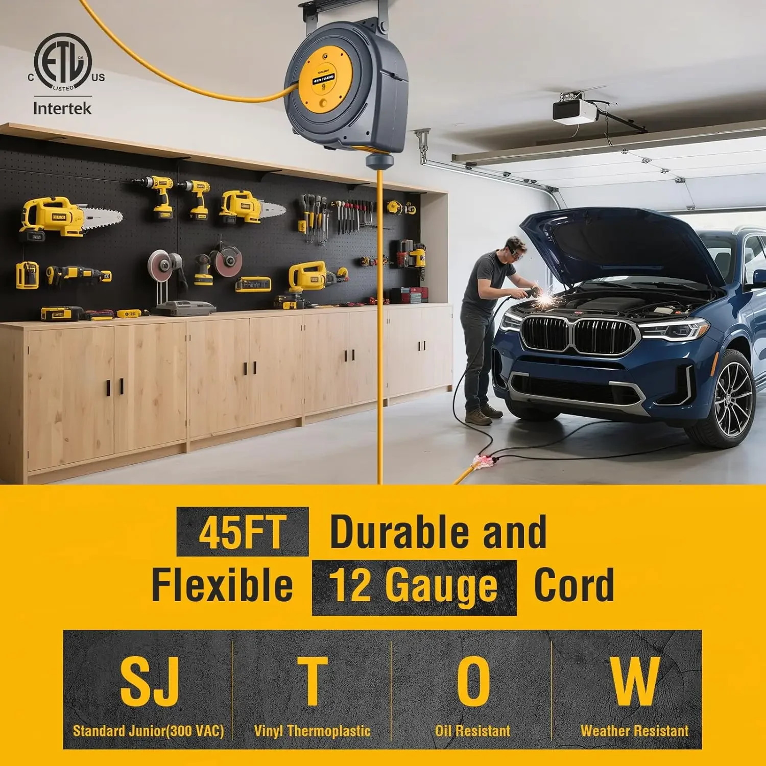 12 Gauge Extension Cord Reel, 45 FT Retractable Extension Cord, 12 AWG/3C SJTOW Heavy Duty Power Cord, 15 AMP Circuit Breaker