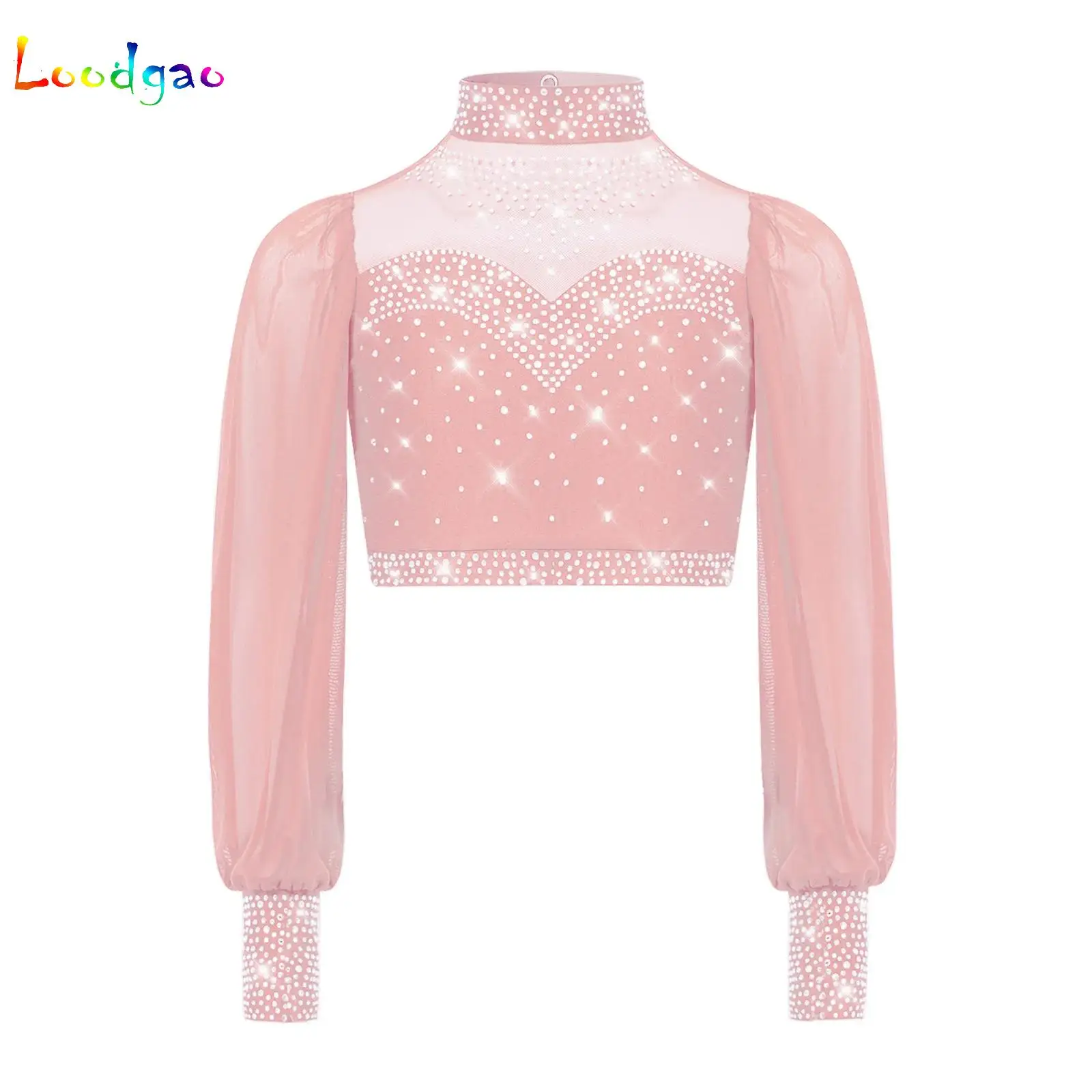 

Kids Girls Lyrical Modern Dance Tops Figure Skating Costume Long Sleeves Rhinestones Mesh Crop Top Stage Performance Dancewear
