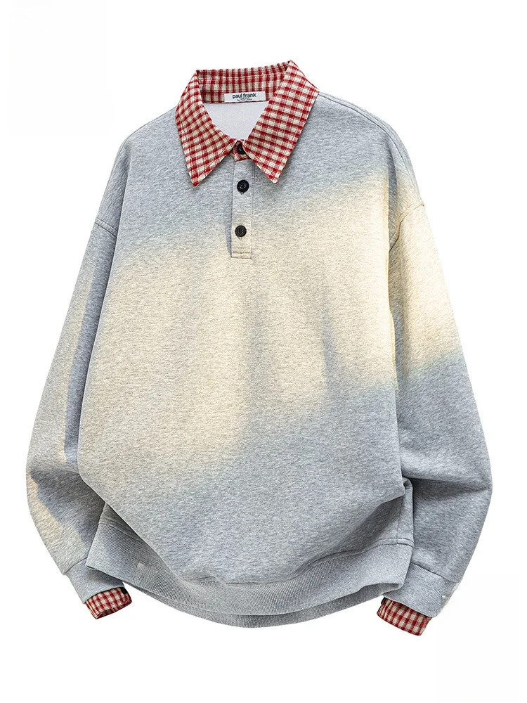 

PaulFrank American Sle Plaid Ne Sweatirt Men Loose College Sle Fake Two-Piece Top Cotton Polyester Blend Long Sl...