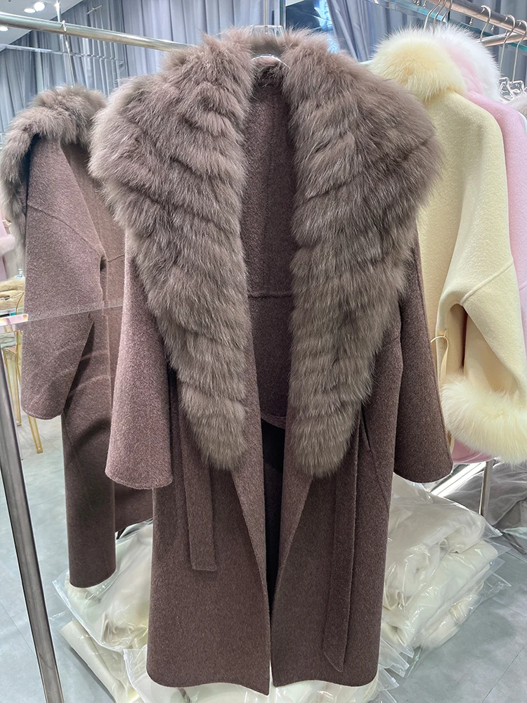 Winter Real Natural Fox Fur Collar Fur Strip Sewed Toghter Coat Cashmere Wool Jacket Woolen Ladies Women Outwear Female Coat