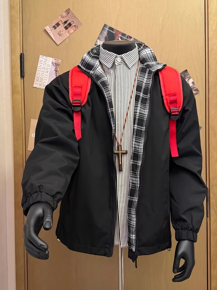 

Cleanfit Plaid Splicing Sports Jaet Men's ort Sle Baseball orm High Street Turn-down Collar Autumn Casual Coat