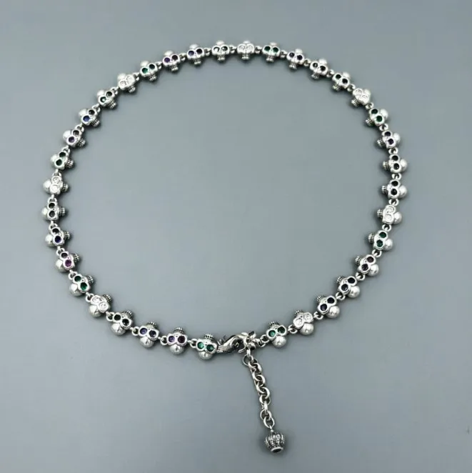 silver s925 sterling silver full colorful crystals punk vintage skull men's and women's fashion necklace sweater personality
