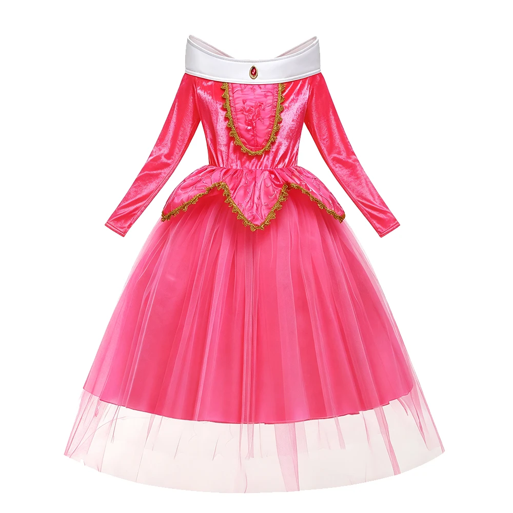 Pink Fairy Costume Kids Birthday Dress Luxury Kids Long Sleeve Gown with Crown Wand Gloves Necklace for Girls Halloween Costumes