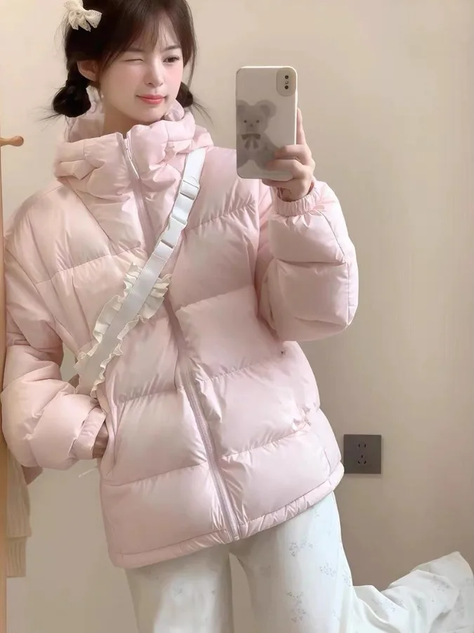 

Winter ort Pink Cotton Jaet Women's Thiened Korean Design Student Bread Cotton Coat Small Size Cute Sle