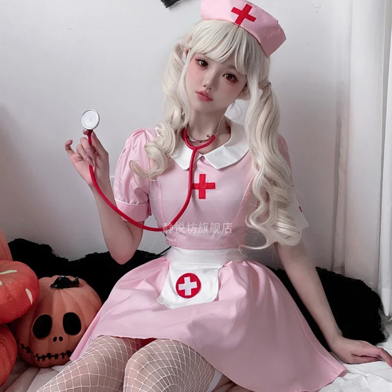 Sexy Nurse Cosplay Anime Pink Pure Desire Role Playing Uniforms Halloween Clothing Temptation Performance 4Piece Disfraz