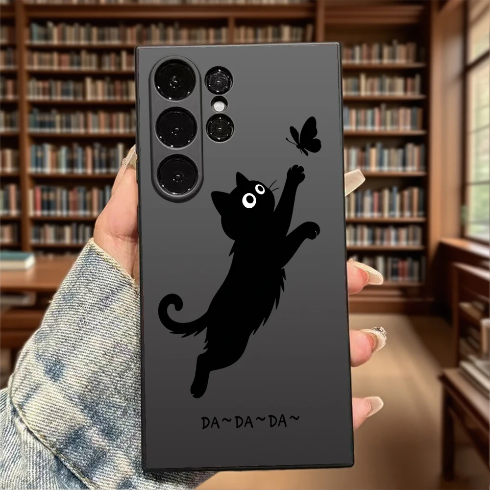 Black Cat Silhouette Butterfly Case for Samsung Galaxy S25 S24 Ultra S23 S22 S21 S20 FE Plus Soft TPU Slim Fit Shockproof Cover