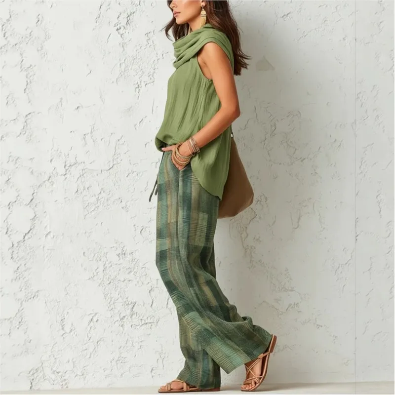 2026 New Summer Women Pants Set Casual Loose Fashionable Comfortable Versatile Solid Color Top With Checkered Wide Leg Pants Set